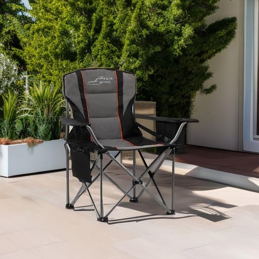 FAIR WIND Oversized Fully Padded Camping Chair with Lumbar Support, Heavy Duty Quad Fold Chair with Cooler Bag, Support 450 LBS, Black