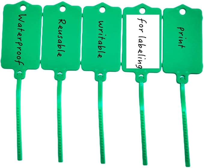 100pcs Reusable Blank Plastic Tags Ties Key Tags 1.45"*2.48" Serrated Tension Sealing Strap with Large Label Plastic Tie Mark Label Waterproof Hang Sign Write on Tag (Green, 100pcs)