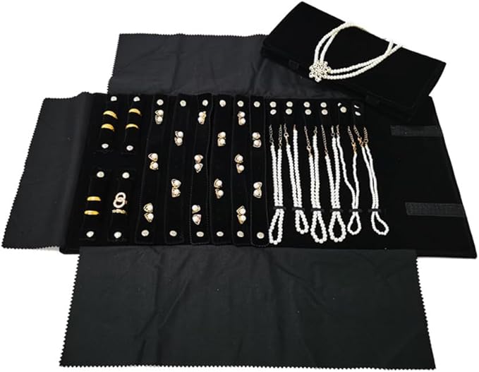 Velvet Travel Jewelry Case Roll Bag Organizer for Necklace Bracelet Earrings Ring (Black) (Black(2+6+6))