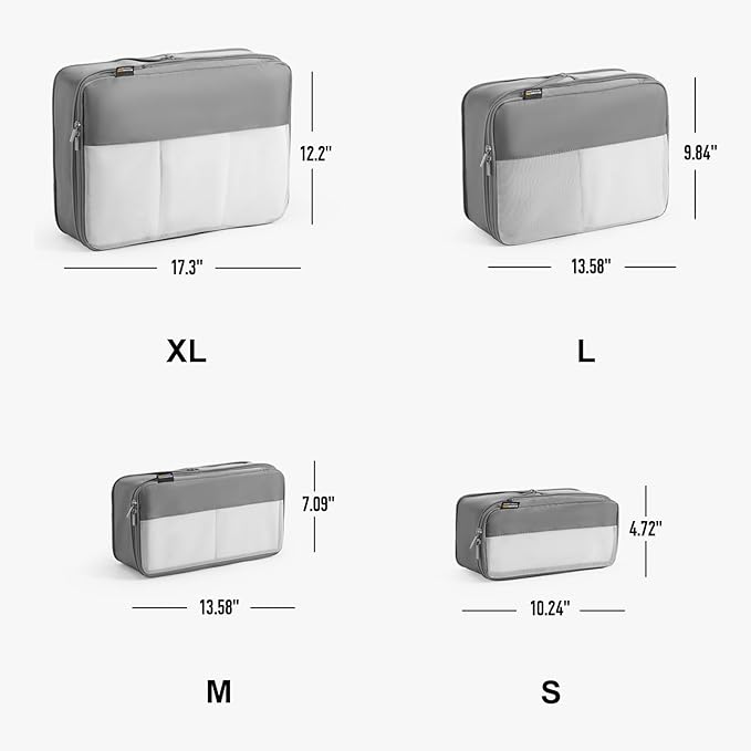4 Set Compression Packing Cubes for Travel, Suitcases and Backpack Space Saving Organizers (Silver)