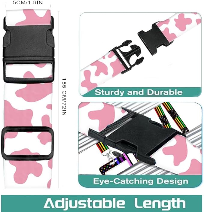 Luggage Straps for Suitcases Travel Belt Accessories, Cute Suitcase Strap, Adjustable Luggage Belt Strap, Heavy Duty with Quick-Release Buckle Luggage Strap Cute Pink Cow Print