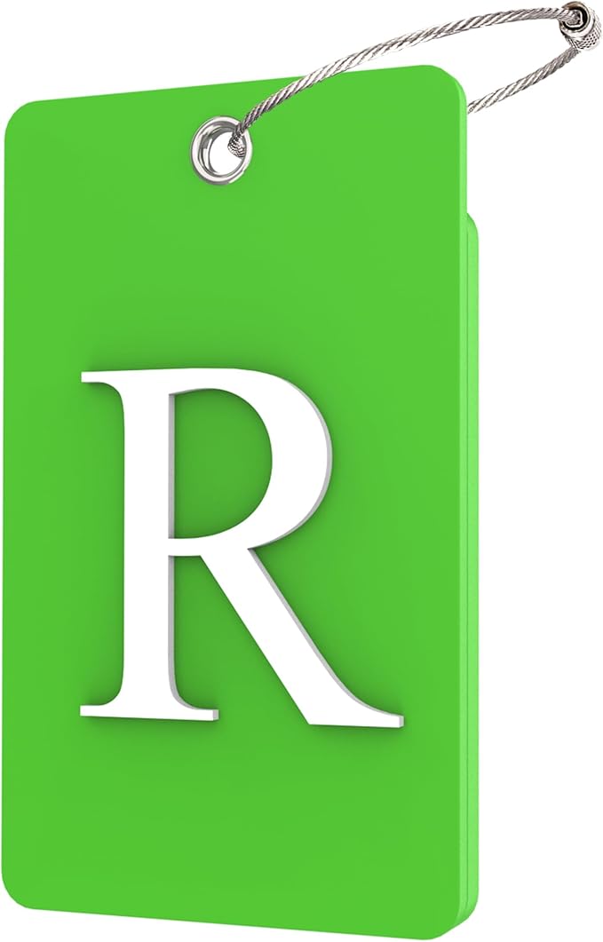 Gostwo 2 Pack Luggage Tags for Suitcases, 26 Initial Letter Travel Luggage Baggage Identification Labels ID Tag Fully Bendable Tags with Stainless Steel Loop (Green) (Letter R)