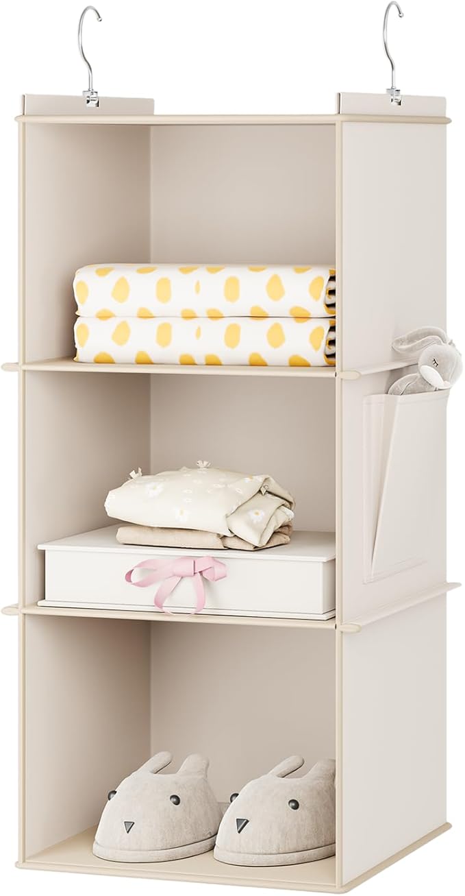 YOUDENOVA Hanging Closet Organizer, 3-Shelf Closet Hanging Storage Shelves, Beige