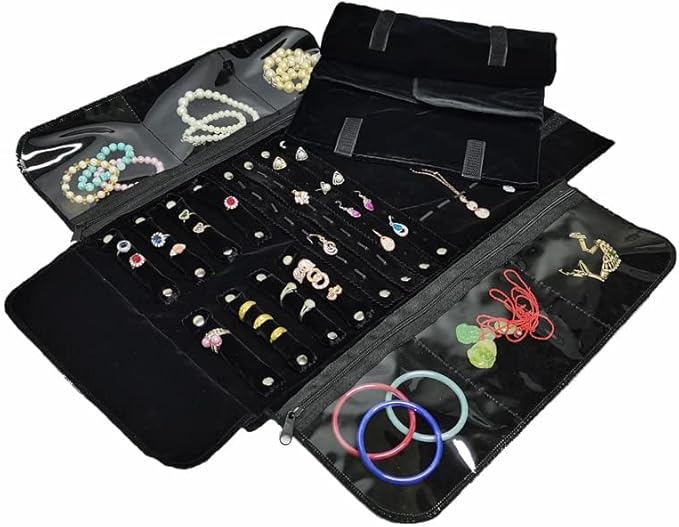 Velvet Travel Jewelry Case Roll Bag Organizer for Necklace Bracelet Earrings Ring (Black)