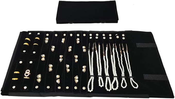 Velvet Travel Jewelry Case Roll Bag Organizer for Necklace Bracelet Earrings Ring (Black) (Black(2+6+6))