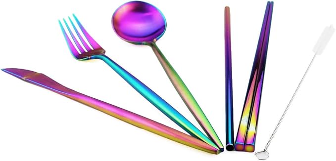 Gugrida Luxury Rainbow Matte Portable 18/10 Stainless Steel Travel Flatware Sets of 7 Portable Camping Cutlery Set, Healthy & Eco-Friendly Flatware Set with Carrying Case for Travel or Camping