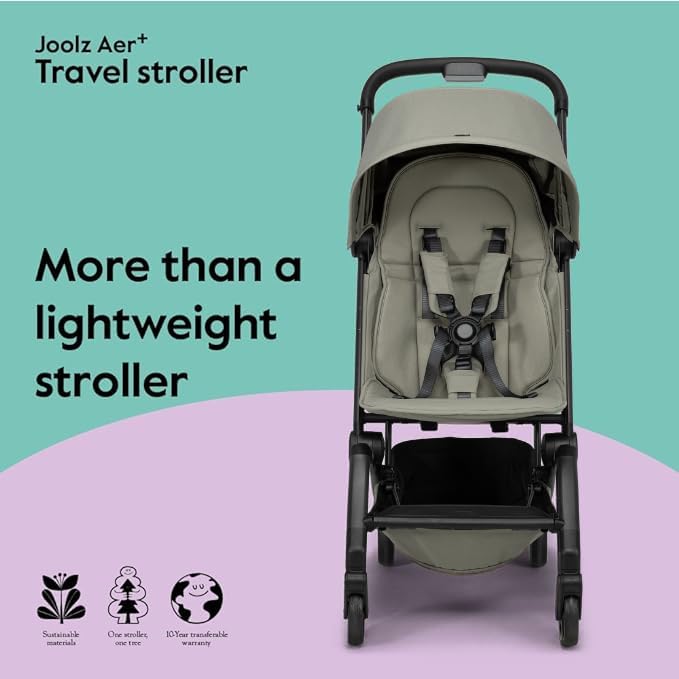 Joolz AER+ Lightweight & Compact Travel Stroller - Portable One-Hand Fold Design - Ergonomic Seat for Infant & Toddler (up to 50 lb) - XXL Sun Hood - Stroller for Airplane -Travel Pouch- Sage Green