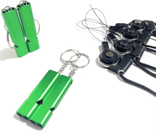 4-Pack Loud 120dB Double Tube Emergency Whistle - Aluminum Alloy, Corrosion-Resistant Safety Whistle with Lanyard & Keychain-Ideal for Camping Hiking Boating Fishing Survival Tool