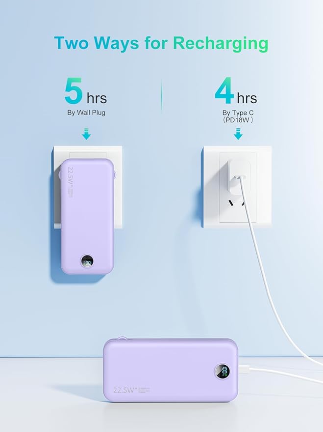 Portable Charger, 12000mAh 22.5W USB C Fast Charging Power Bank with Built-in Cables and AC Wall Plug, Smart LED Display Travel Essentials Battery Pack Compatible with iPhone, iPad, Samsung etc Purple
