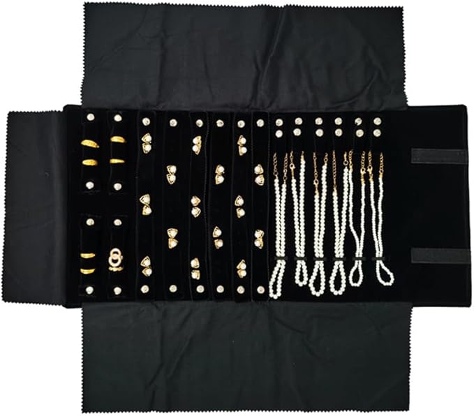Velvet Travel Jewelry Case Roll Bag Organizer for Necklace Bracelet Earrings Ring (Black) (Black(2+6+6))