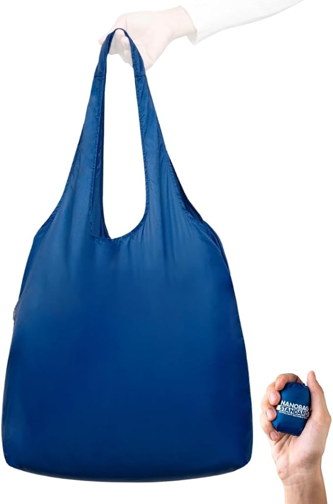 Nanobag Ultra-Lightweight Foldable Tote for Women & Men, Reusable Grocery & Travel Bag, Packable Collapsible Compact Market Essential (Standard Navy)