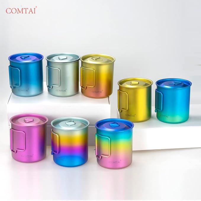 Titanium Camping Pot Mug 15oz (420ml) with Lid and Foldable Handle – Ultralight Camping Cup for Hiking, Backpacking, Outdoor Cooking, Rainbow