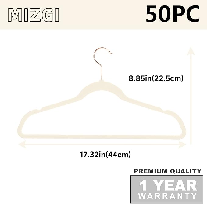 MIZGI Premium Velvet Hangers (50 Pack) Heavy Duty - Non Slip Felt Hangers - Velvet Suit Hanger Ivory - Rose Gold Hooks,Space Saving Clothes Hanger