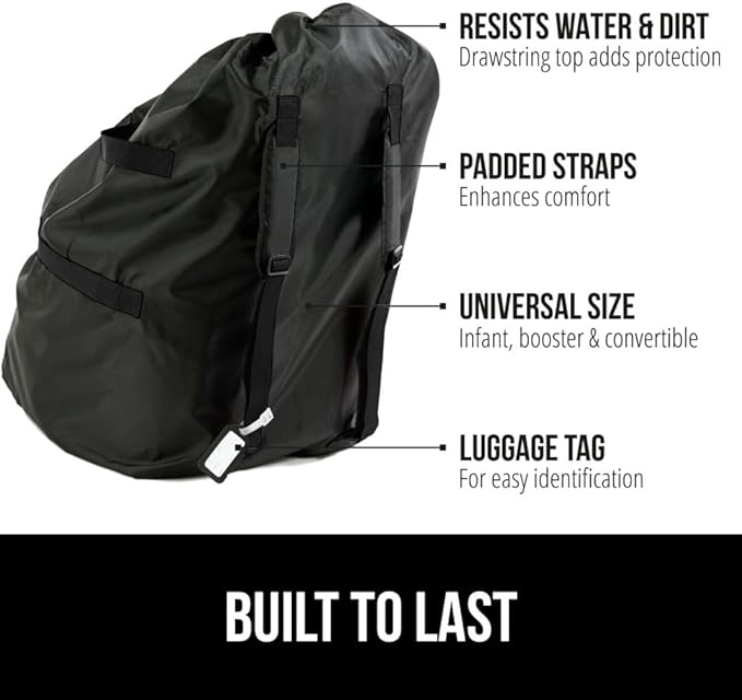 GORILLA GRIP Car Seat Travel Bag for Airplane Gate Check, Easy Carry Padded Backpack Bags Cover Carseats, Infant Baby Carriers and Toddler Booster Seats for Airport, Child Air Travels Essential, Black
