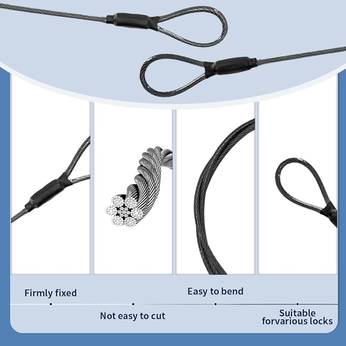 3.3mm (1/8 Inch) Outdoor Travel Stainless Steel Security Cable-4ft Luggage Lock Safety Wire Flexible Steel Wire Rope with Double Loop Safety for Luggage, Bike, Lock(Balck*2, 4ft-(2Pack)