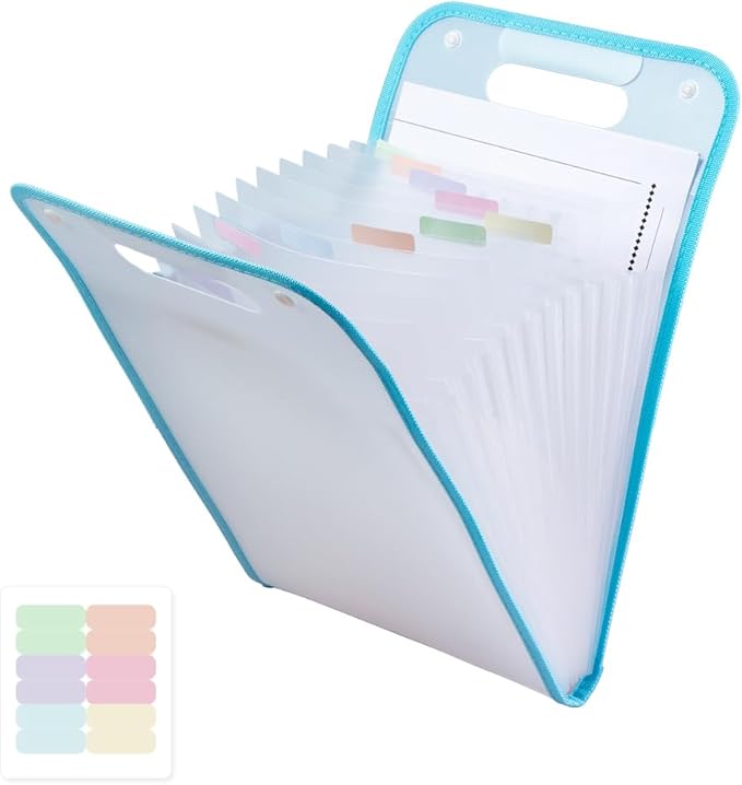 M&G Expanding File Folder 13 Pockets Accordion File Organizer with Labels, Portable Document Receipt Organizer Hold A4 Letter Size Paper, Waterproof Folder for Schoolbag Office Supplies (Blue)