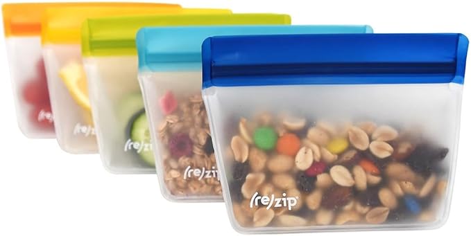 (re) zip 5-pack Stand-Up Reusable Bags | BPA-Free, Food Grade, Leakproof, Freezer and Dishwasher Safe | 5 Snack-Size Bags (1-Cup / 8-Oz) | Multicolor for Easy Organization
