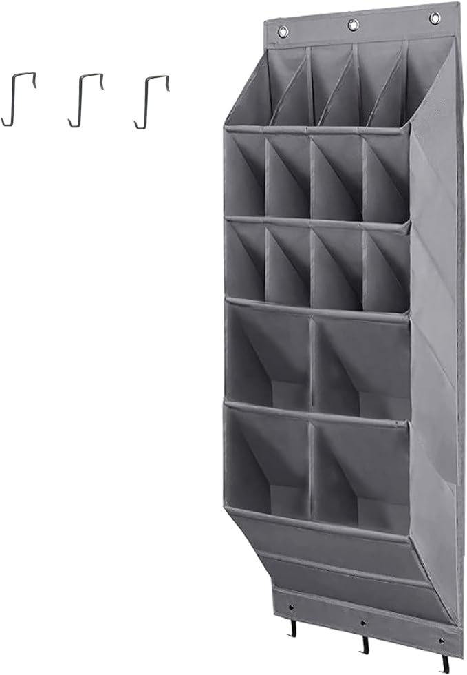 Over the Door Shoe Organizer, Grey 16 Pockets Hanging Shoe Storage Rack with Large Deep Pockets, Oxford 600D Fabric Shoe Storage Rack with 6 hook for Shoes, Home Accessories etc (Grey, 16-Grids)