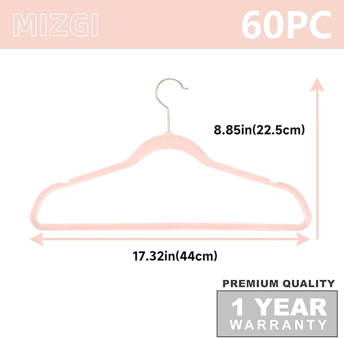 MIZGI Premium Velvet Hangers (60 Pack) Heavy Duty - Non Slip Felt Hangers - Blush Pink - Rose Gold 360 Degree Swivel Hooks,Space Saving Clothes Hanger,Durable Strong Hanger for Suits,Coats
