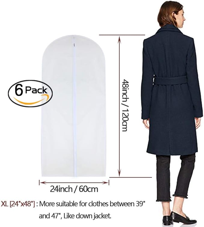 Garment Bags for Hanging Clothes 24'' x 48'' Long Suit Dust Hanging Garment Bag White Breathable Suit Covers for Closet Full Zipper Dust Cover for Dance Dress Clothes Pack of 6