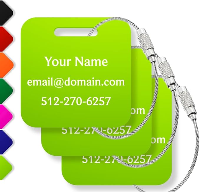 Custom Luggage Tags (3 or 6 Pack) - Personalized Unique Suitcase & Backpack Travel, Durable, Waterproof & Heavy Duty (Lime)