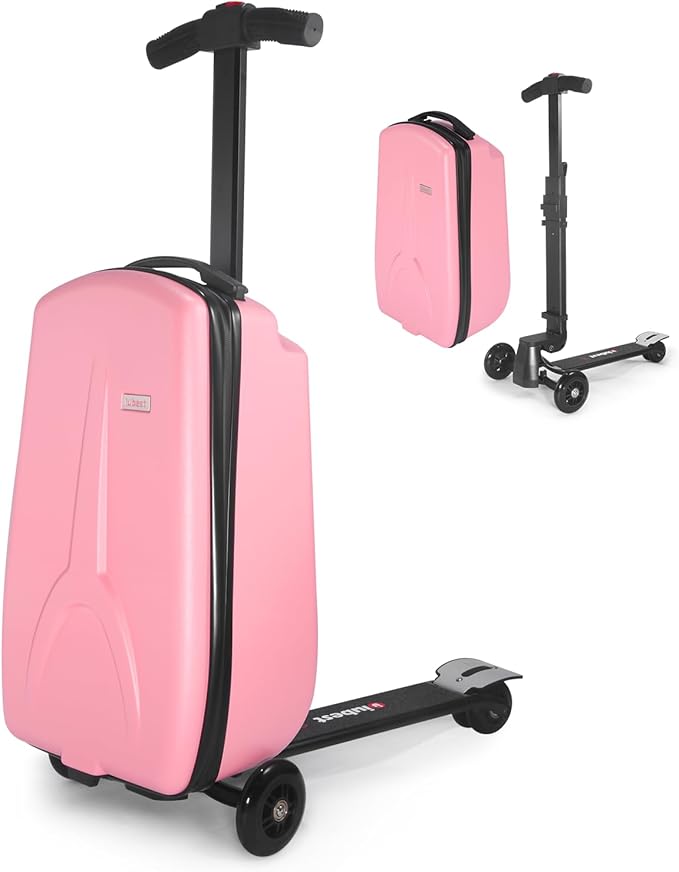 iubest Luggage Carry On Scooter Suitcase for Kids Age 4-15, Detachable & Foldable 4 in 1 Suitcase, Multifunctional Ride On Travel Trolley Scooter Combo-Pink