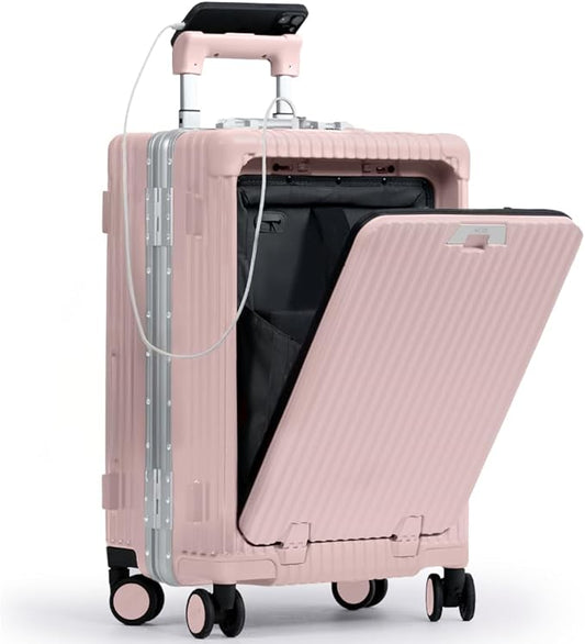 Nobl Travel Carry On Luggage, Noble Zipperless Aluminum Frame PC Hard Shell Suitcase, 22.5x15x9.5 Airline Approved, 360° Spinner Wheels, TSA Locks, USB Charging Port, Cup & Phone Holder - Pink