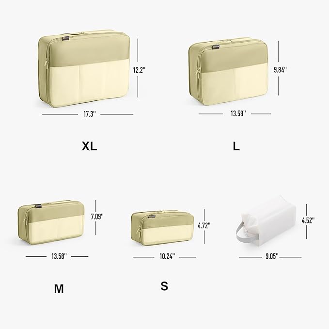 5 Set Compression Packing Cubes for Travel, Space Saving Luggage Organizer Bags (Bright Yellow)