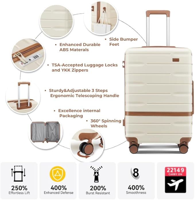 Luggage Sets Lightweight Hard Shell Suitcases with Spinner Wheels for Family Travel - Durable PC+ABS Material Carry On Luggage YKK Zippers (Beige, 6 Piece Sets (18/20/24/28/DB/TB))