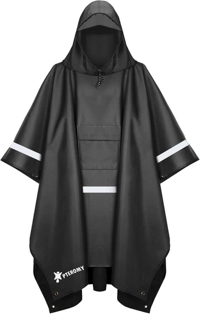 PTEROMY Hooded Rain Poncho for Adult with Pocket, Waterproof Lightweight Unisex Raincoat for Hiking Camping Emergency