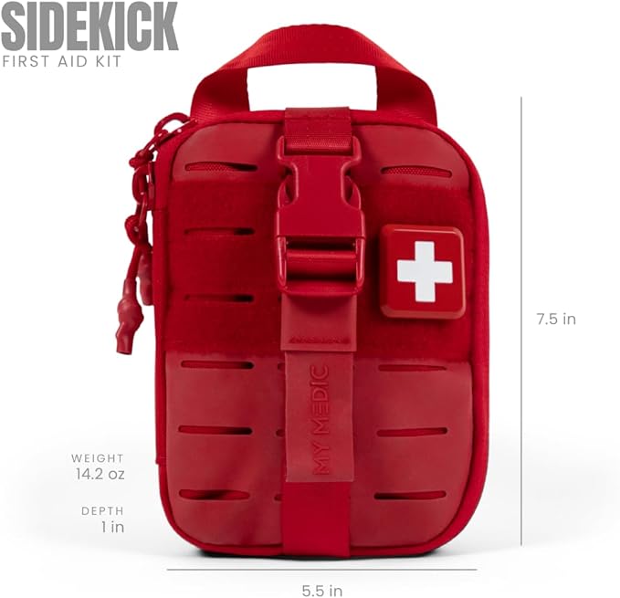My Medic Sidekick Pro - Camping Hiking and Backpacking First Aid Kit - 70 Items with Tourniquet - HSA and FSA Eligible - Small Ifak Great for Travel or Motorcycle - Portable Emergency Kit – Red