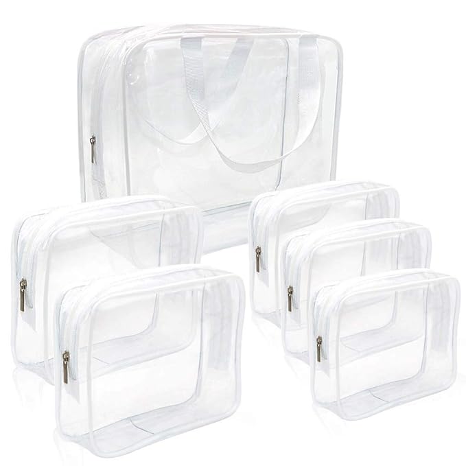 APREUTY Clear Makeup Bags, TSA Approved 6Pcs Cosmetic Makeup Bags Set Clear PVC with Zipper Handle Portable Travel Luggage Pouch Airport Airline Organization (White)