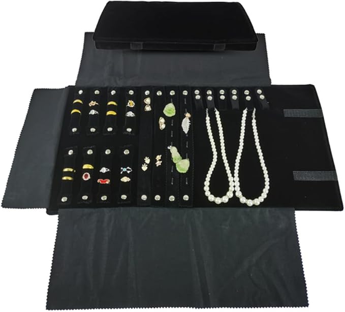 Velvet Travel Jewelry Case Roll Bag Organizer for Necklace Bracelet Earrings Ring (Black) (Black(4+2+2+6))