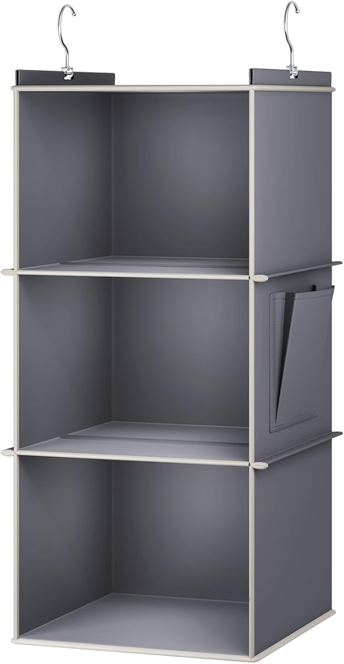 YOUDENOVA Hanging Closet Organizer, 3-Shelf Closet Hanging Storage Shelves, Grey