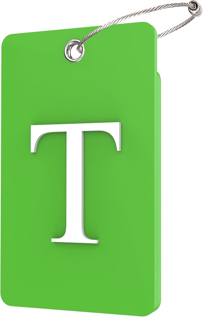 Gostwo 2 Pack Luggage Tags for Suitcases, 26 Initial Letter Travel Luggage Baggage Identification Labels ID Tag Fully Bendable Tags with Stainless Steel Loop (Green) (Letter T)