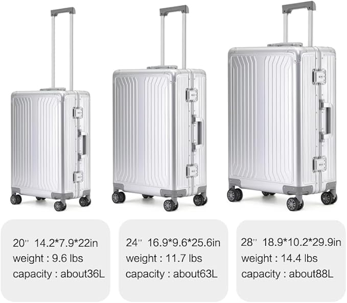 Metal all aluminum carry-on suitcase 20 "hard face, TSA lock and rotating wheel zippered luggage set (silvery, 28 '')