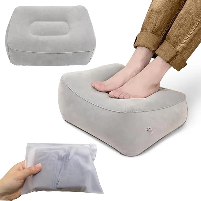 Inflatable Travel Foot Rest Pillow, Head Pad, Soft Flocking Pillow, Flights Relax Cushion Ottomans Leg Up with Air Pump for Office, Home Relax, Camping and Travel Use (Gray, 1 Pcs)