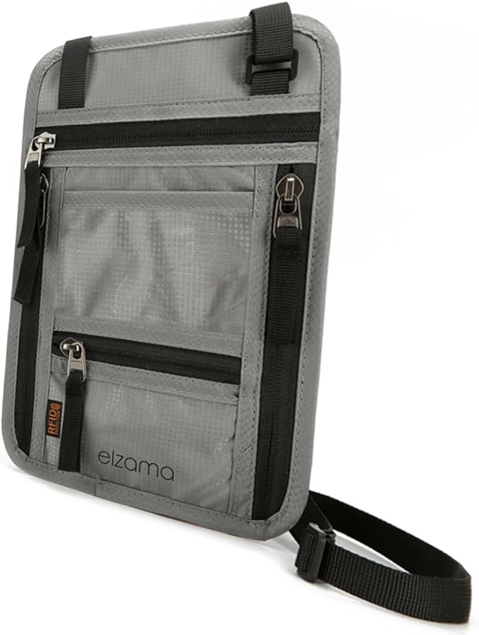 elzama Travel Neck Wallet, Neck Passport Holder, RFID Blocking Passport Wallet Super Slim & Lightweight Travel Pouch Holder for Men & Women (Light Grey)