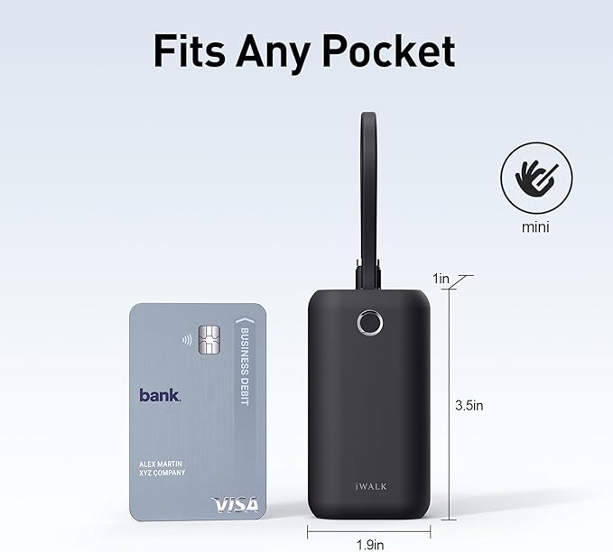 iWALK Mini Portable Charger 10,000mAh, 22.5W USB-C Fast Charging Power Bank with Built-in Cable, Travel Essential Ultra-Small Battery Pack Compatible for iPhone 16/16 Pro/15, Samsung, Google, Black