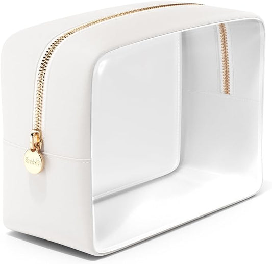 Clear Makeup Bag Zipper Pouch, Transparent Cosmetic Case Organizer, TSA Approved Travel Toiletry Case, Travel Accessories Essentials Makeup Tote for Women, Large Cute Make up Bag for Purse - White