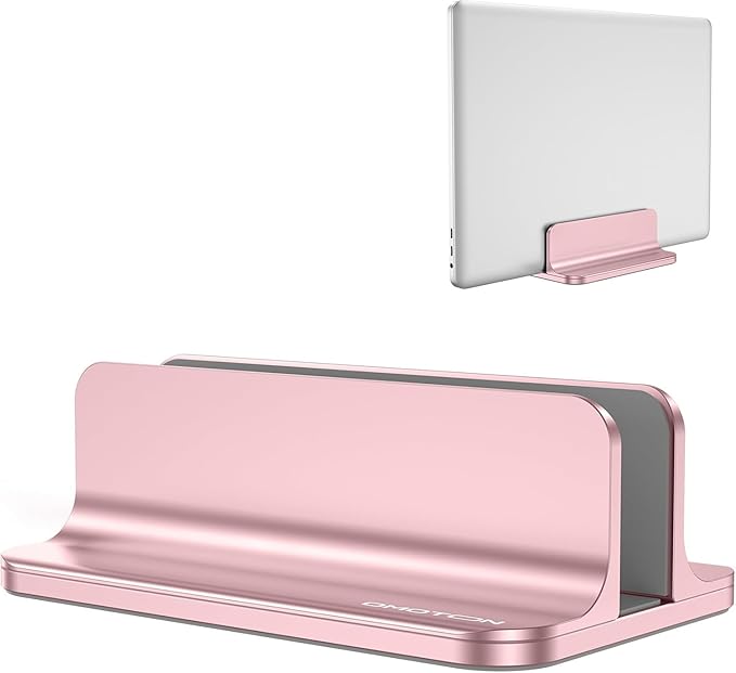 OMOTON Vertical Laptop Stand Holder, Desktop Aluminum Stand for MacBook with Adjustable Dock Size, Fits All MacBook, Surface, Chromebook and Gaming Laptops (Up to 17.3 inches), Rose Gold