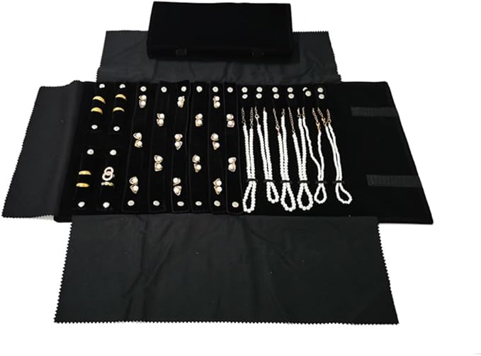 Velvet Travel Jewelry Case Roll Bag Organizer for Necklace Bracelet Earrings Ring (Black) (Black(2+6+6))