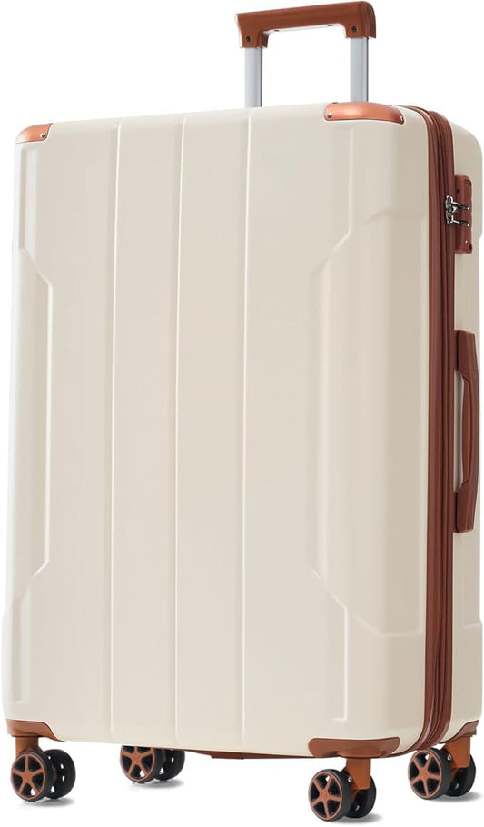 Merax 24 Inch Expandable Checked Luggage, Hardshell ABS Medium Suitcase with Spinner Wheels, TSA Lock, Lightweight Durable Travel Suitcase for Men Women(White Brown)