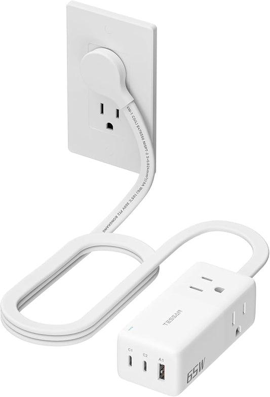 TESSAN USB Charging Station PD 65W, USB C Charger Blocks with 3 AC Outlets, Desktop Phone Fast Charger with Flat Plug for Phone Tablet Laptop, Travel, Office