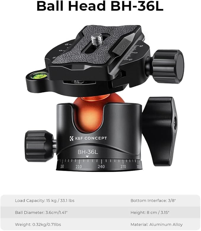 K&F Concept 62" Carbon Fiber Camera Tripod,Portable Compact Tripods with Detachable Monopod,360° Metal Ball Head 33lbs Load Capacity with Quick Release Plate for Travel and Work A255C2+BH-35L