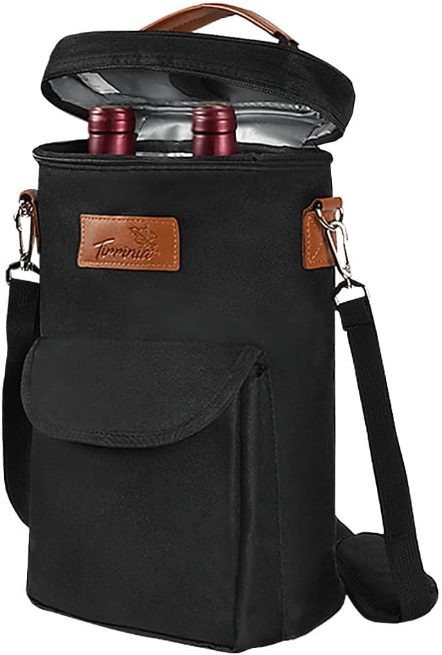 Tirrinia 2 Bottle Wine Gift Tote Carrier - Leakproof & Insulated with Large Pockets Wine Cooler Bag for Travel, Tasting, Party, Dinner