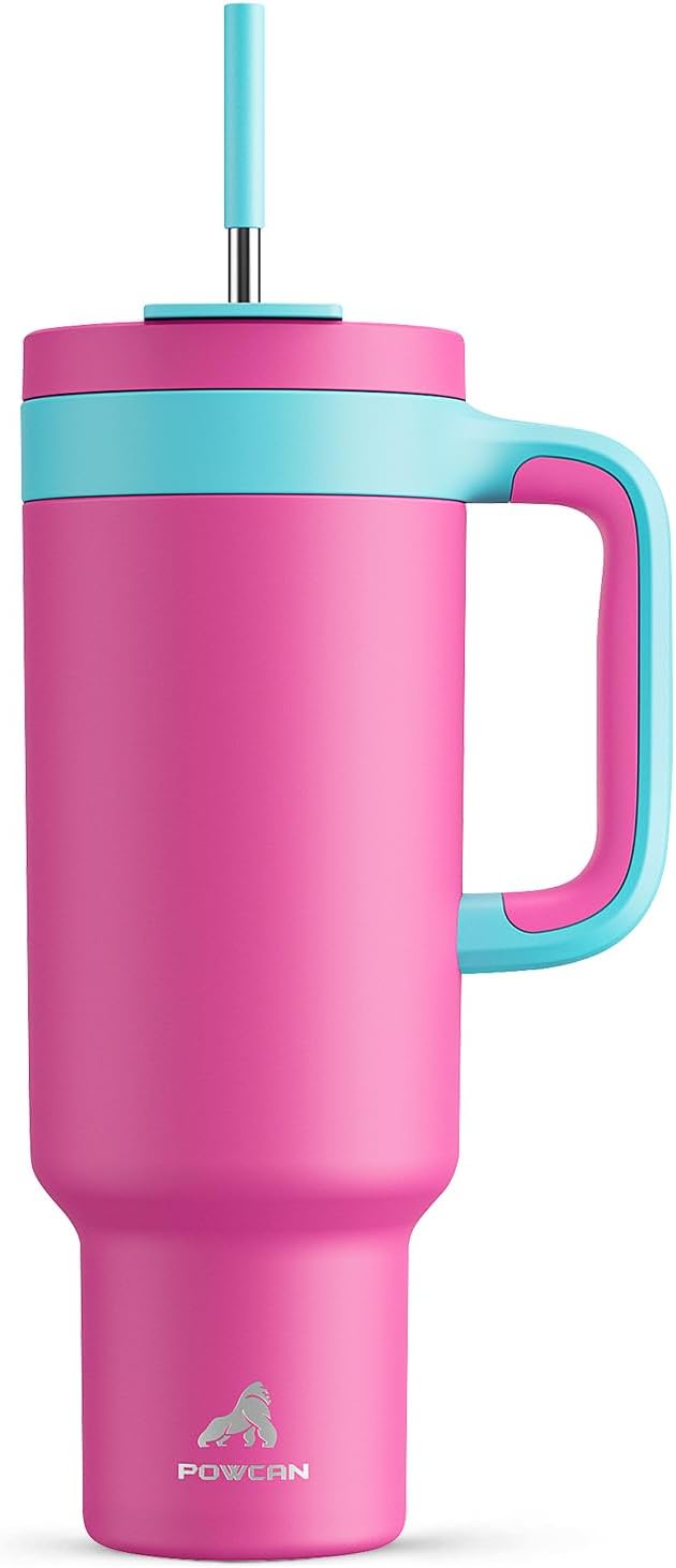 POWCAN 50 oz Tumbler with Handle, 2-in-1 Straw and Sip Lid, Leakproof, Dishwasher Safe, Insulated Stainless Steel Travel Coffee Mug, Keeps Cold for 34 Hours, Fits in Car Cup Holder (Petal)