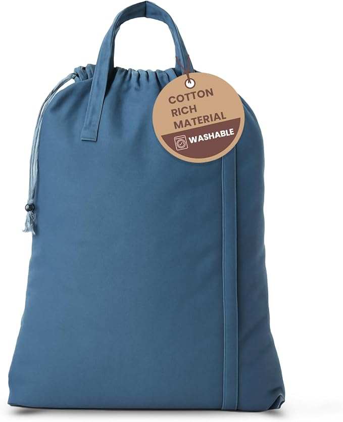 LFH Home Cotton Canvas Large Laundry Bag with Handle, Heavy Duty Drawstring Closure Washable Laundry Bags, School Travel, Home, Hotel, College Dorm, Organizer Sack, Toys Clothes 20x30-Sky Blue