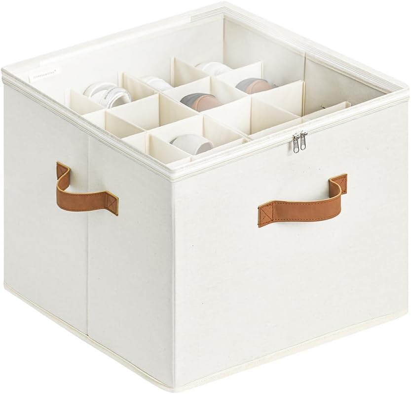 StorageWorks Shoe Organizer for Closet, Fits up to 16 Pairs, Shoe Cubby Storage Containers with Adjustable Dividers and Clear Cover, Beige