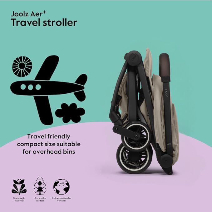 Joolz AER+ Lightweight & Compact Travel Stroller - Portable One-Hand Fold Design - Ergonomic Seat for Infant & Toddler (up to 50 lb) - XXL Sun Hood - Stroller for Airplane -Travel Pouch - Sandy Taupe